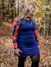 Robe Sophie - Marine clair, manches fleurs rouges sur fond marine