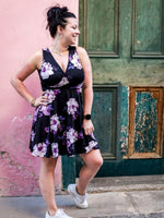 Robe Caroline - Fleurs mauves sur fond noir