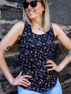 Camisole Claudia - Petites fleurs roses et oranges sur fond noir