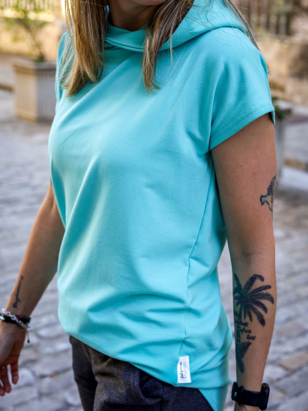 Chandail Kim, manches courtes, à capuchon - Turquoise