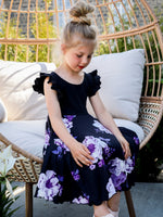 Robe Abi (enfant) - Haut noir, jupe fleurs mauves sur fond noir