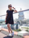 Robe Julie, manches courtes - Petites fleurs oranges et roses sur fond noir