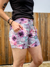 Short Linda -  Grosses fleurs roses et mauves sur fond gris