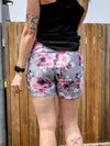 Short Linda -  Grosses fleurs roses et mauves sur fond gris