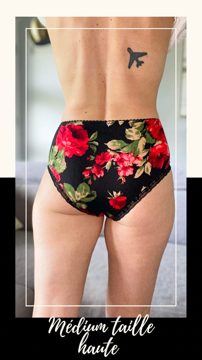 Bobette - Taille haute - Fleurs rouges fond noir